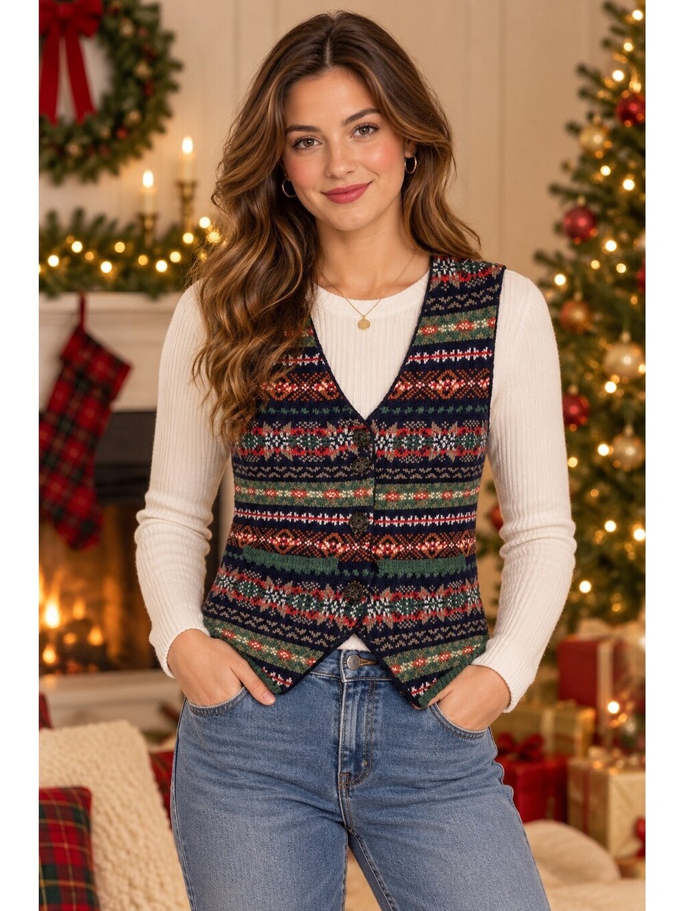 Zara Christmas Sweater Vest Womens Small Fair Isle Knit Festive Holiday Cottage